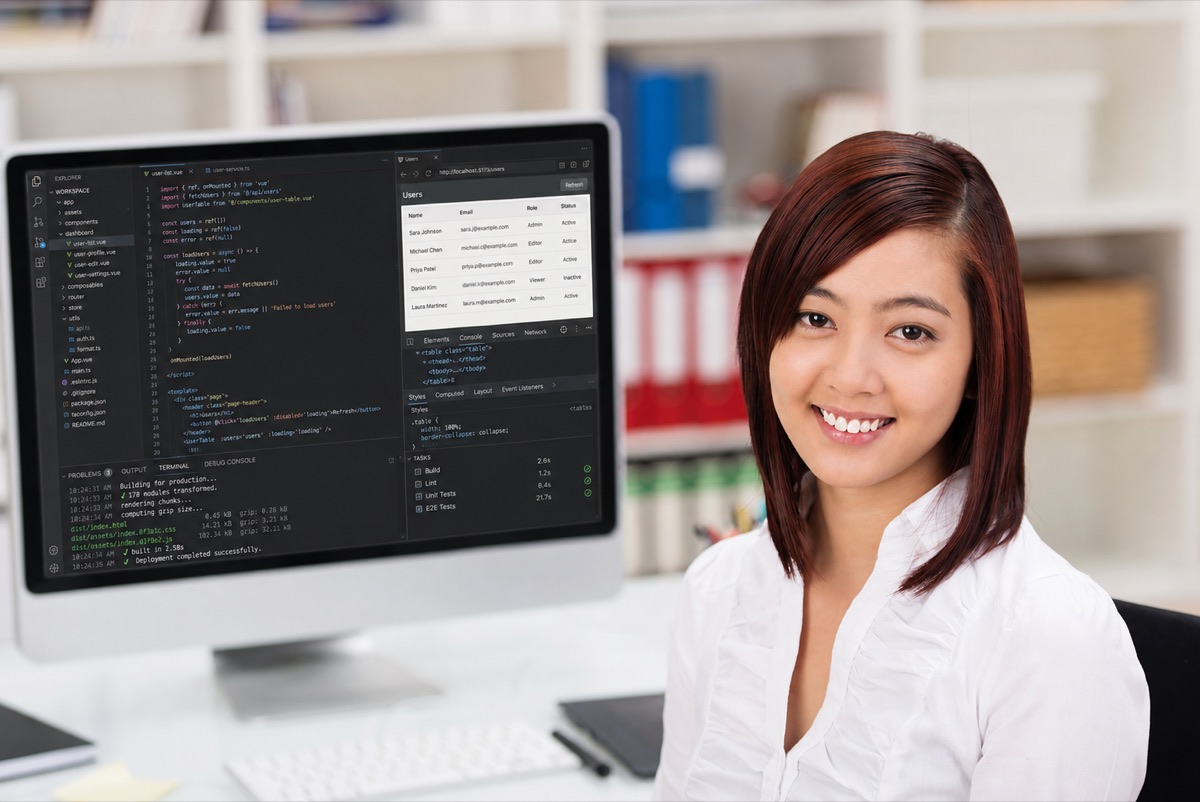コード編集、ブラウザ確認、テストとデプロイ作業を表示したMacの前で、スタッフが開発と運用を支援する様子