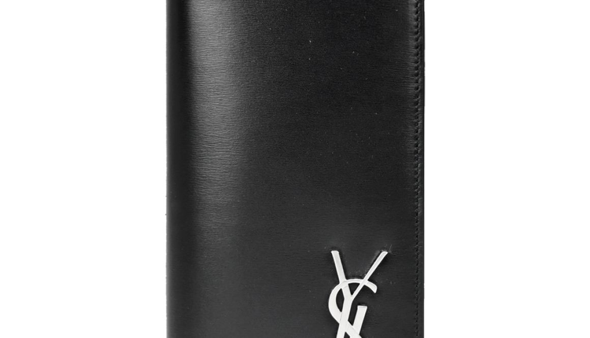 YSL Saint Laurent 素面細紋皮革金屬LOGO對折長夾（銀x黑）